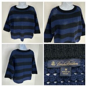 Brooks Brothers Sweater Womens Medium Blue Black Striped Chunky Knit Crewneck